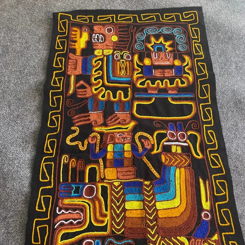 Vintage Peruvian Hand Embroidered Textile Wall Hanging Andean Folk Art Black